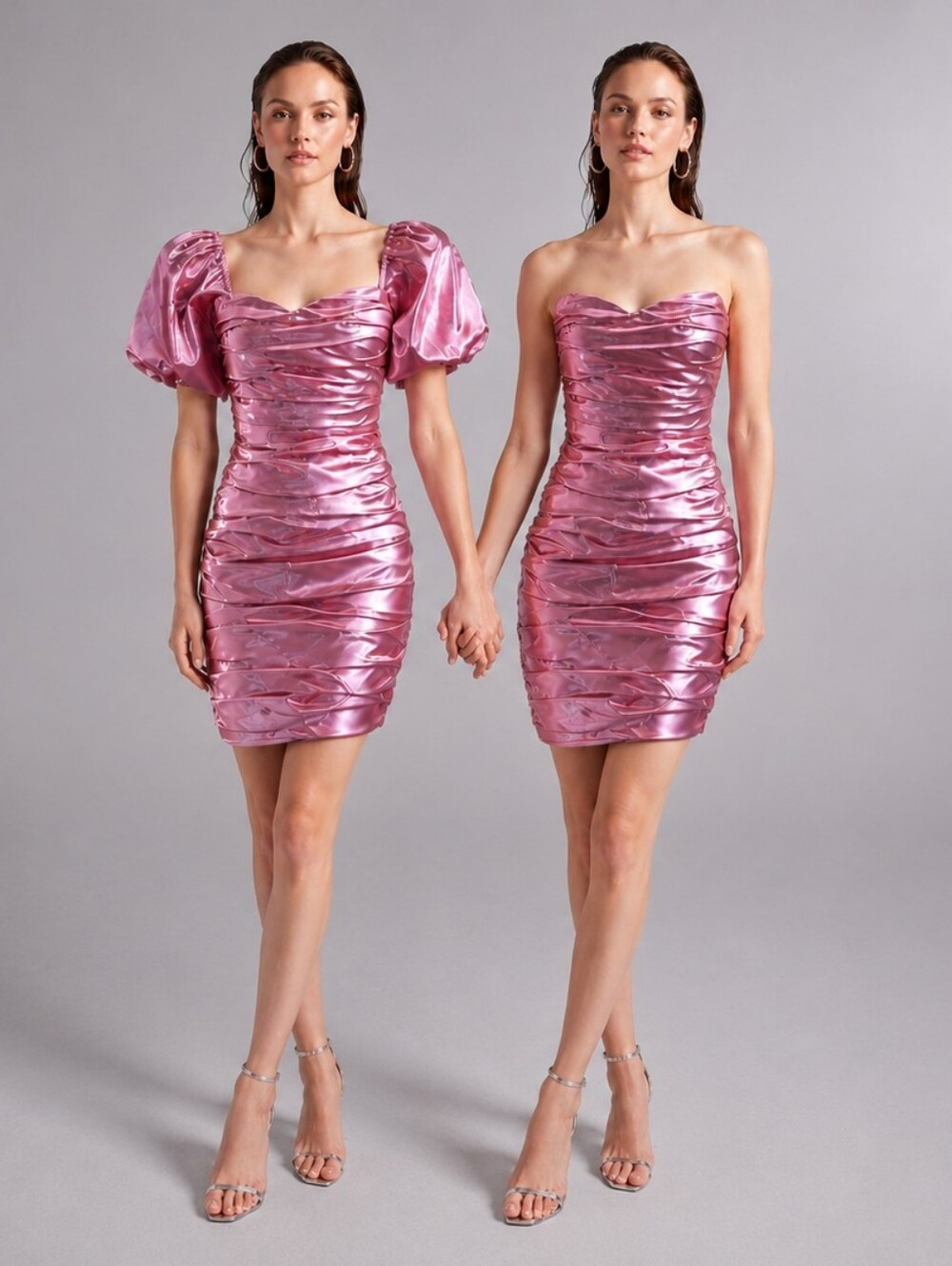 Ruche Pink Irredescent Metallic Ruched Puff Sleeve Mini Dress S